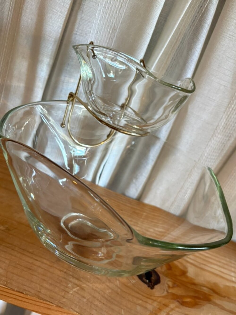 Vintage Mid-Century Modern Anchor Hocking Clear Glass Chip & Dip Set with Brass